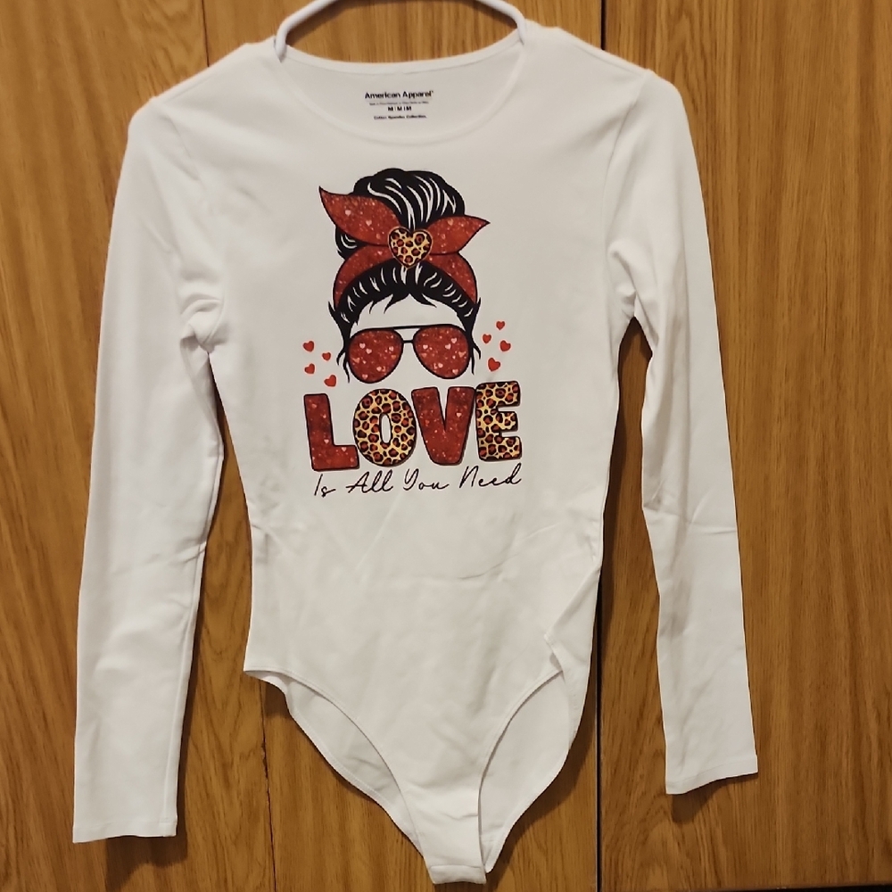 American Apparel White Long Sleeve Bodysuit with Red Graphic